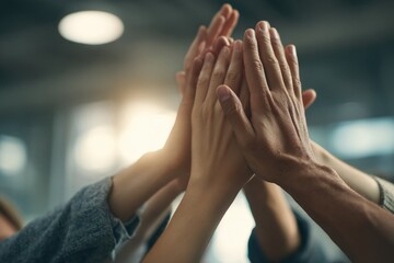 Coworkers joining hands in a high five, symbolizing teamwork, unity, and success in a modern office environment
