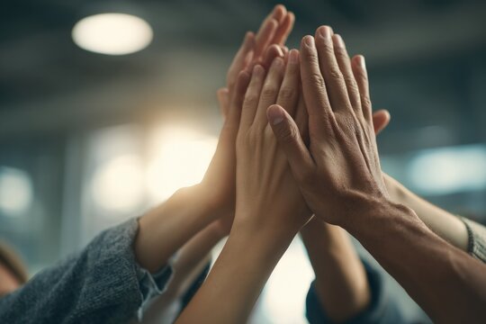 Coworkers joining hands in a high five, symbolizing teamwork, unity, and success in a modern office environment