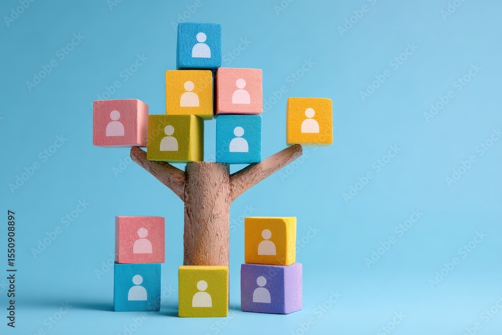 Aufkleber wooden tree balancing colorful cubes with human icons representing social networking and growth on a