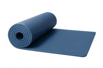 Partially unrolled blue yoga mat lying flat, prepared for workout session on clean transparent surface