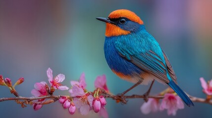 Obraz premium Vibrant Blue Bird on Cherry Blossom Branch