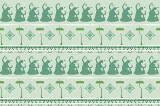 Seamless Vector Pixel Pattern of Manorah Dance. Traditional Southern Thai Folk Performance Inspired Textile Design.Manora dance, manorah dance