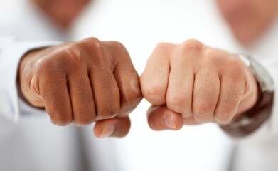 Fototapeta premium Closeup of business people bumping fists, symbolizing teamwork, collaboration, and achievement in the workplace