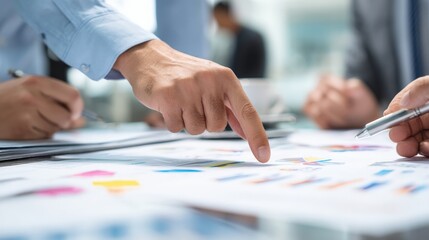 Business people working together on market analysis and financial analytics for a business plan, discussing marketing strategy with documents, papers, and charts