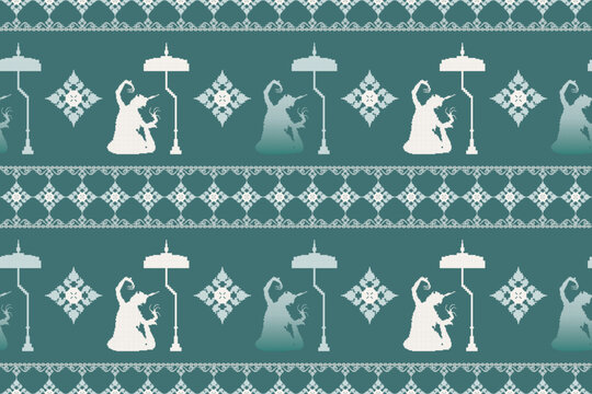 Seamless Vector Pixel Pattern of Manorah Dance. Traditional Southern Thai Folk Performance Inspired Textile Design.Manora dance, manorah dance