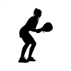 Female Padel Player in Ready Stance Silhouette Illustration, Focused Woman Holding Paddle in Sport Action Pose