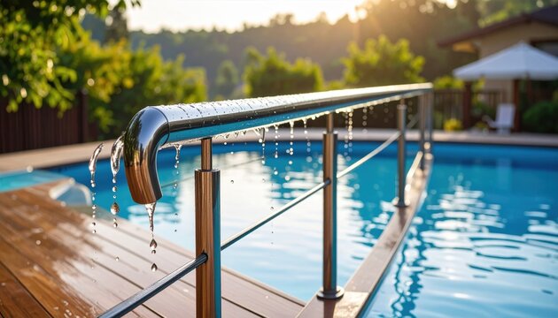Serene poolside scene at sunset with glistening water droplets on railing and lush greenery