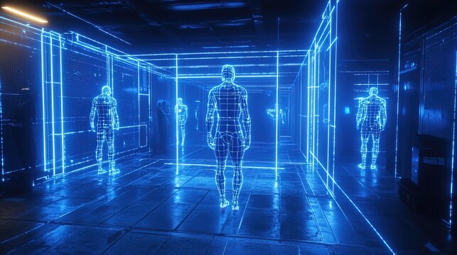A neon-blue 3D motion-capture studio capturing realistic movements for video games