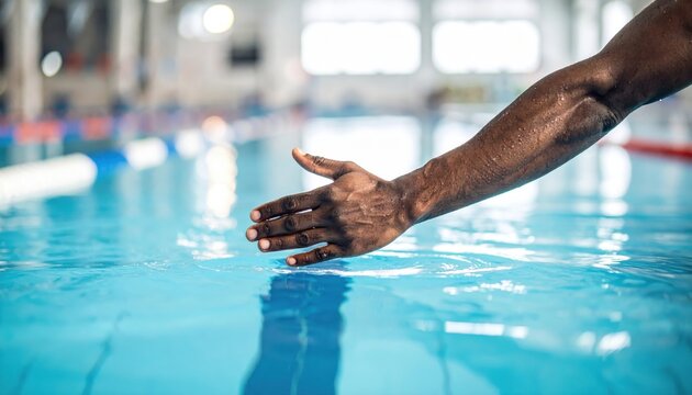 Swimmer's hand reaching into crystal-clear water at a competitive swimming pool