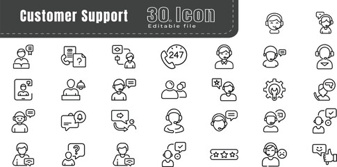 Customer Support Line Icons set. Editable Stroke. Call Center, Contact, Contact Us, Discussion, E-commerce, Expertise, Feedback, IT Support, Like Button, Loyalty, Marketing, Rating, Satisfaction, Serv