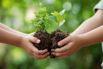 Children's hands gently cradle seedlings and soil, representing nurturing and growth in environmental protection and tree planting initiatives