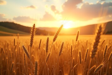 Fototapeta premium Golden wheat field at sunset landscape agriculture farming harvest grain crop nature summer countryside 
