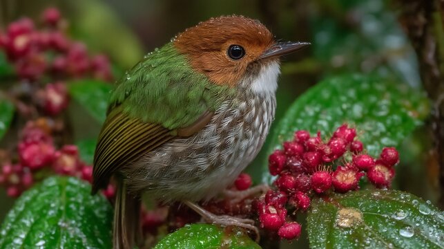 Spectacular Chestnut-headed Tesia Bird on Lush Green Foliage