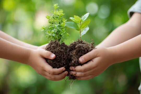 Children's hands gently cradle seedlings and soil, representing nurturing and growth in environmental protection and tree planting initiatives