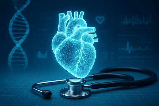 AI generated realistic holographic human heart floating above stethoscope with DNA and medical data interface in futuristic blue tone concept of precision diagnosis