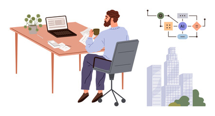 Fototapeta premium Man at desk with laptop, papers, coffee, flowchart, modern building illustration. Ideal for remote work, technology, AI data analysis productivity innovation urban lifestyle. Simple flat metaphor
