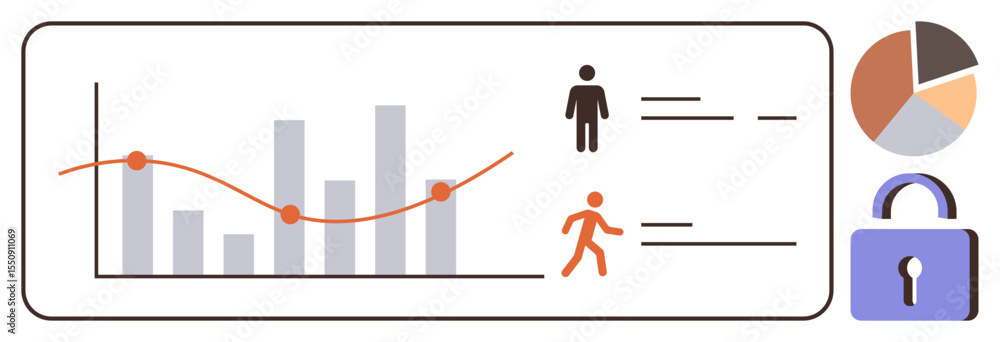 Poster graph showcasing trends, user profiles with stats, pie chart, and security lock icon. ideal for data