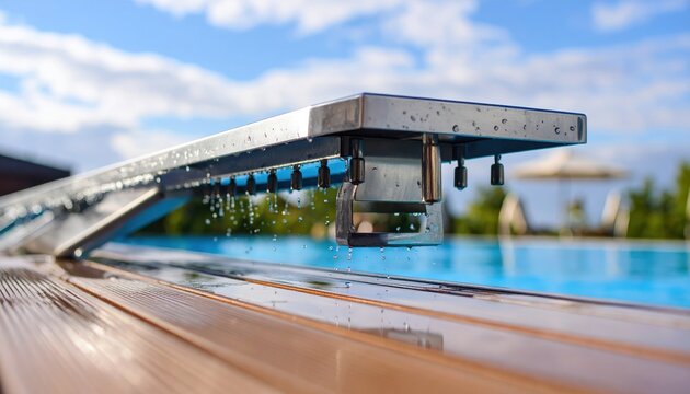 Close-up of a swimming pool's starting block with water droplets, sunny day, lush background