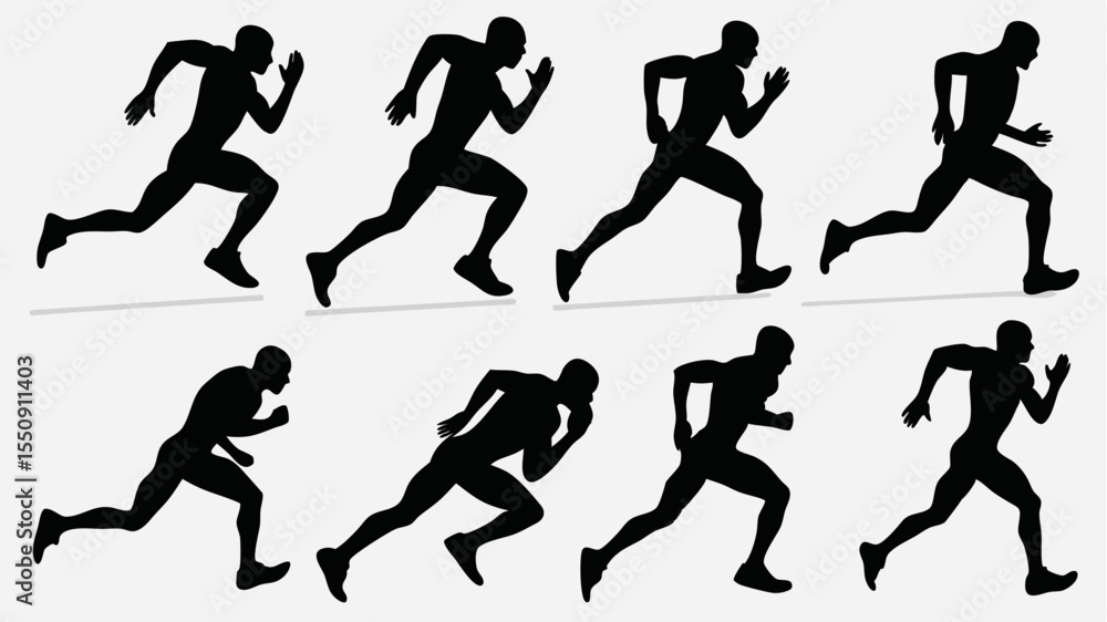 Poster silhouettes of men running in sequence showing different stages of running motion on a white backgro