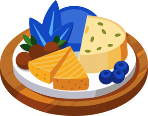Flat vector of a cheese platter with blue cheese, brie, and dried fruits with white background .