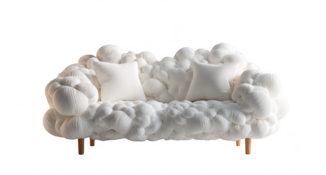 Fluffy white cloud-like couch with two pillows