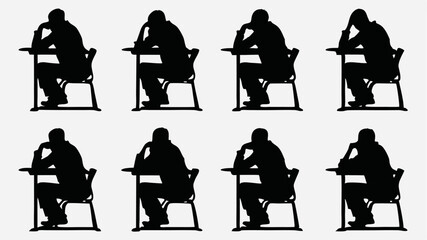 Silhouette pattern of students sitting at desks with their heads in their hands in a classroom setting