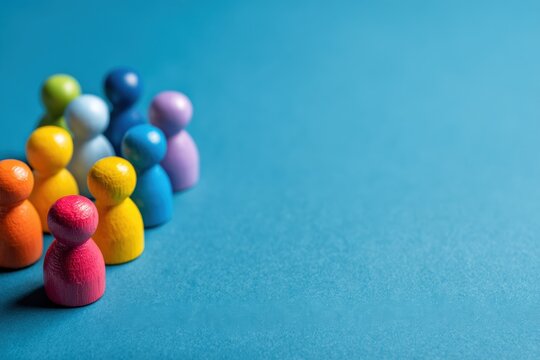 Colorful pawns on a blue background representing a diverse team, perfect for concepts of teamwork, diversity, and inclusion