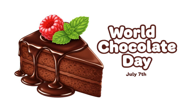 Delicious chocolate cake slice with raspberry and mint, perfect for World Chocolate Day celebrations on July 7th. Ideal for bakery promotions, social media posts, and confectionery advertising,