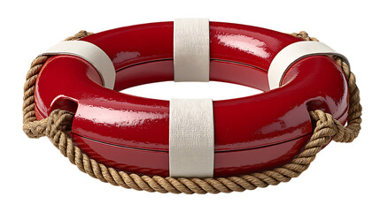 A classic red life preserver ring with thick rope and white straps isolated on transparent background