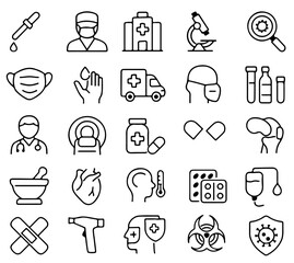 A collection of health and medical icons. representing essential aspects of healthcare and wellness. perfectly conveys the concepts of well-being, treatment, and prevention.