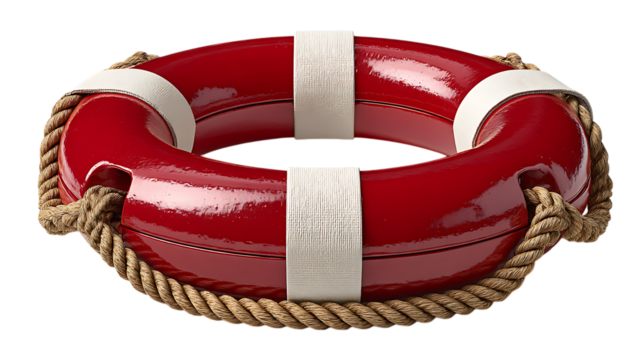 A classic red life preserver ring with thick rope and white straps isolated on transparent background