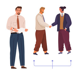 Three individuals in formal attire collaborating and shaking hands, representing teamwork and partnership. Ideal for business meetings, agreements, cooperation, networking, management, strategy