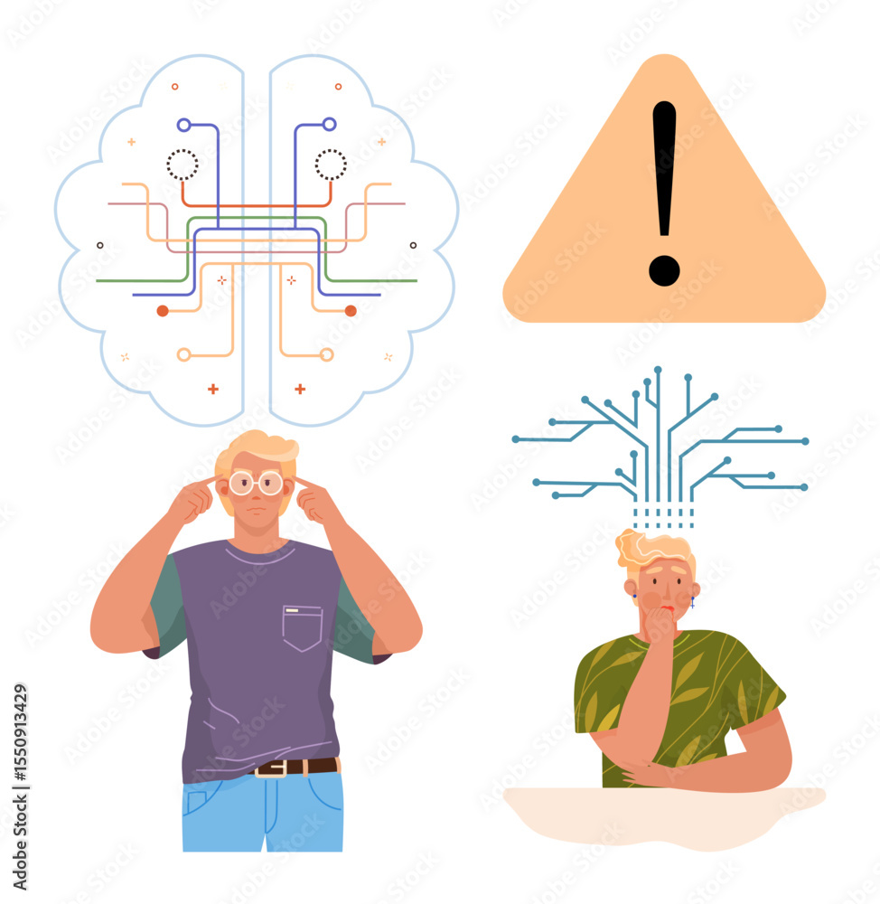 Poster man exploring ideas with digital circuits, neural connections, caution sign. ideal for innovation, c