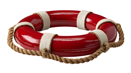Shiny red lifesaver ring with thick rope and white straps isolated on transparent background