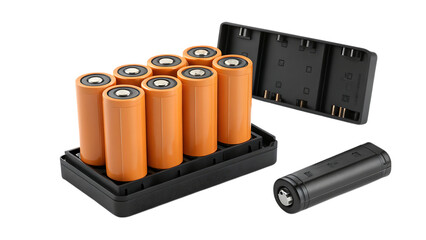 Eight Orange Lithium Ion Batteries in Black Charger with Extra Battery Photorealistic Image