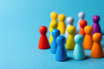 Colorful pawns on blue background representing a diverse group of people, perfect for concepts about social network, business team, customer persona or social inclusion