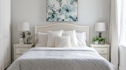 Cozy Bedroom with White Bed, Gray Quilt, and Floral Wall Art Serene Interior Design