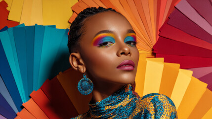 Beautiful African American woman with vibrant makeup, showcasing colorful artistry against backdrop of vivid hues