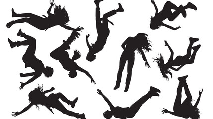 set of falling people silhouettes. vector silhouettes of people falling from a great height. falling female silhouette