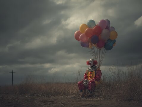 Gloomy clown with colorful balloons in a field.
