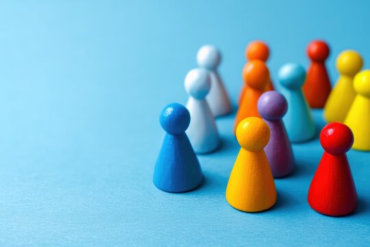 Colorful game pieces symbolizing a diverse team stand on a blue background, representing inclusion and teamwork in a business setting