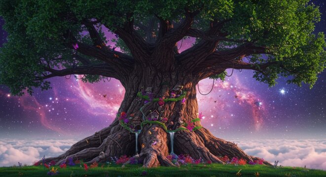 Giant magical tree with a fantasy house inside