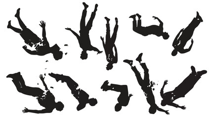 set of falling people silhouettes. vector silhouettes of people falling from a great height. falling female silhouette