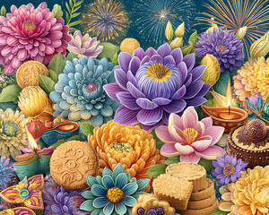 Close-up of Diya lamps with bokeh background Vibrant flowers and sweets for festive occasions. Indian family celebrating Diwali with lights and joy Traditional rangoli design with candles and flowers