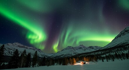 Aurora borealis over snowy landscape