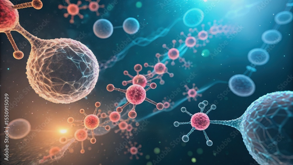 Poster enzyme engineering medicine concept. abstract molecular structures with vibrant colors and dynamic c