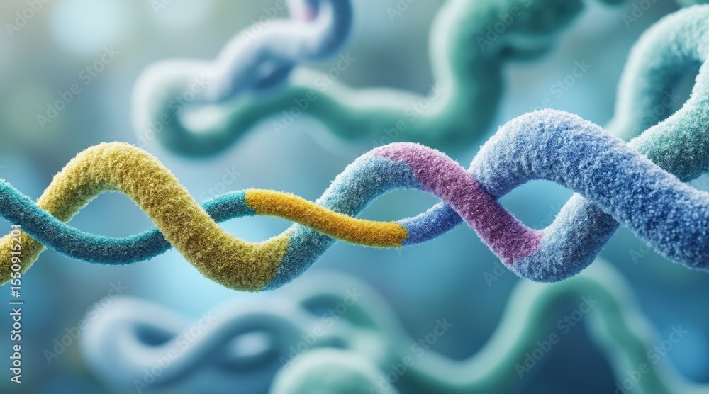 Poster enzyme engineering medicine concept. abstract molecular structure with colorful strands intertwining