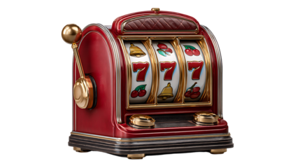 Classic red slot machine with golden lever and three reels showing lucky sevens and cherries isolated on transparent background