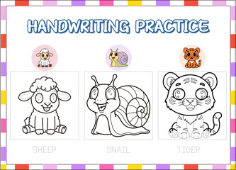 hand drawn practice education animal wild . sheep,snail,tiger