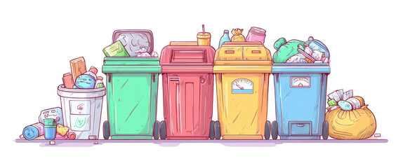 Colorful waste bins filled with various trash